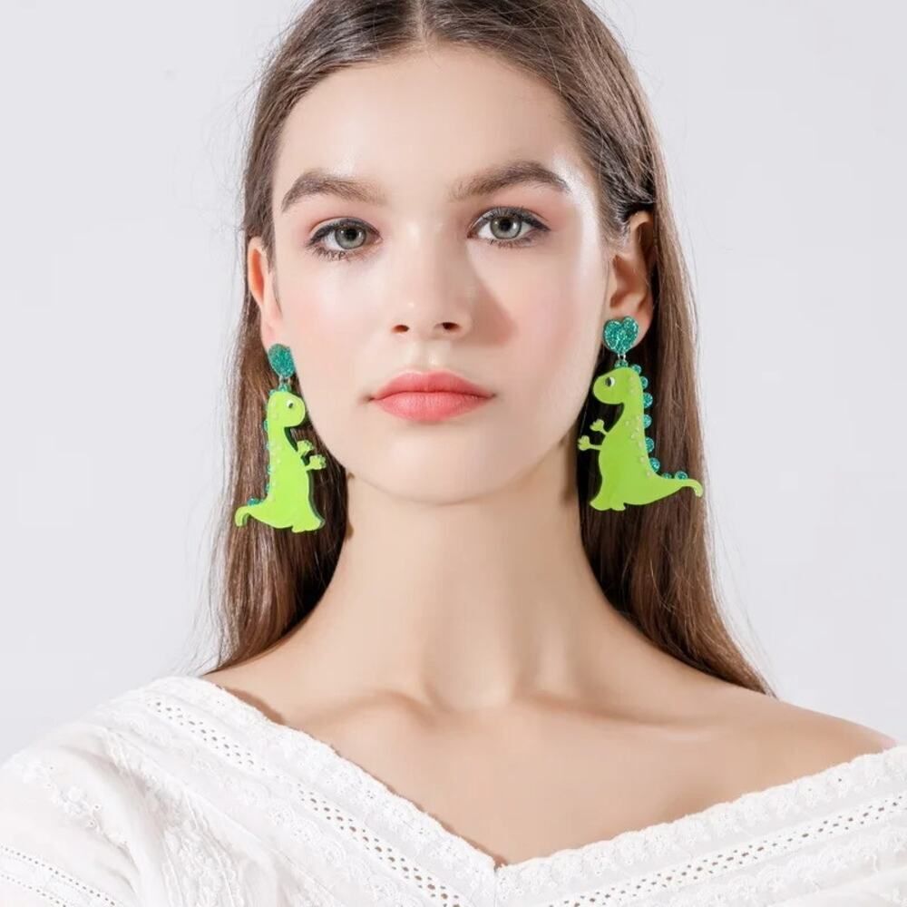 Bright Green Dinosaur Earrings with Googly Eyes - Picture 3 of 8